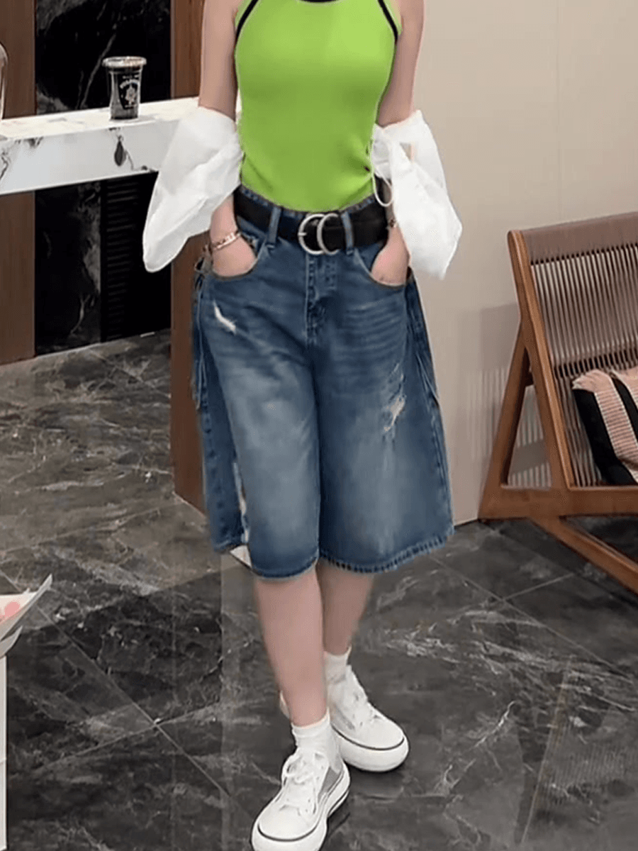 여름 얇은 스타일 여성 의류 찢어진 부분 마 오래된 트렌디 바람 반바지 표지 고기 슬림해 보이는 하이웨이스트 5 점 넓은 다리 청바지 상세 이미지 4