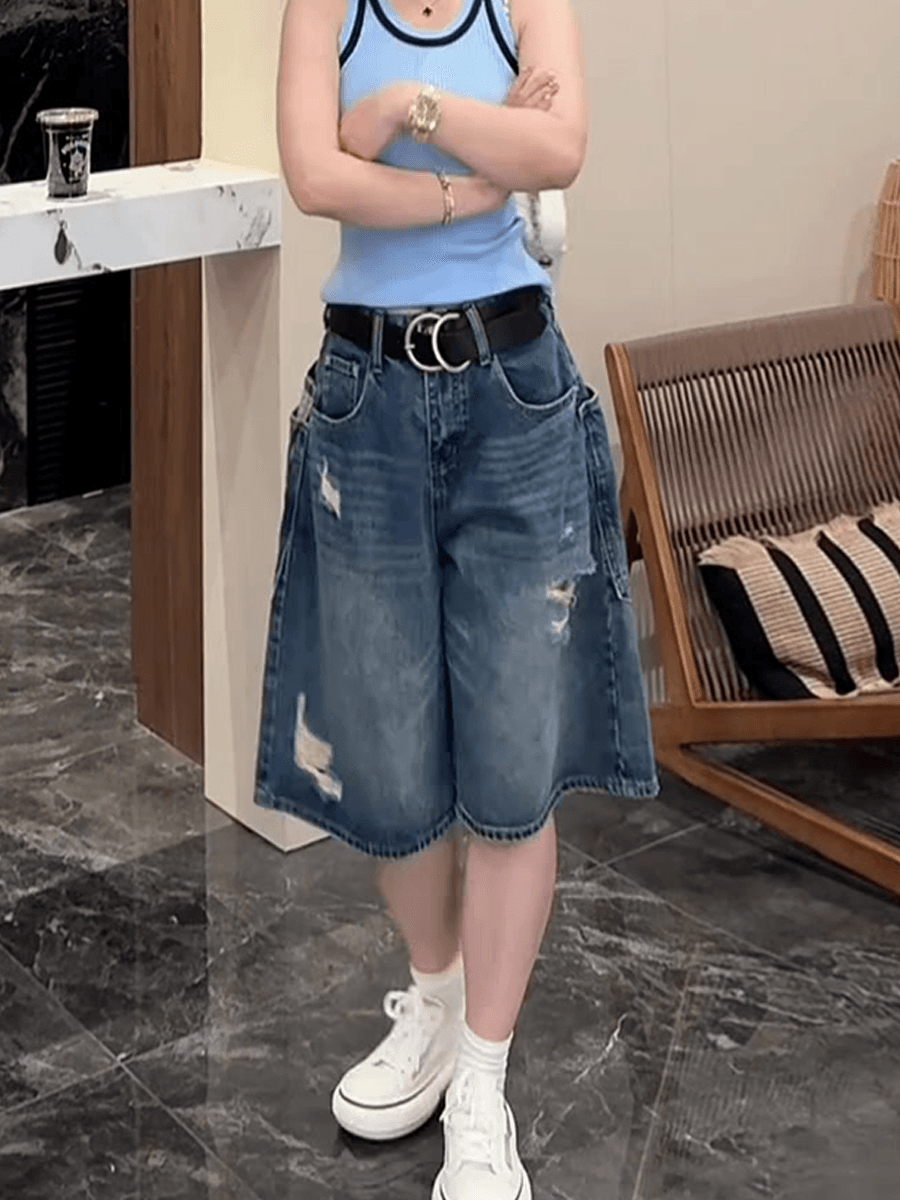 여름 얇은 스타일 여성 의류 찢어진 부분 마 오래된 트렌디 바람 반바지 표지 고기 슬림해 보이는 하이웨이스트 5 점 넓은 다리 청바지 상세 이미지 6