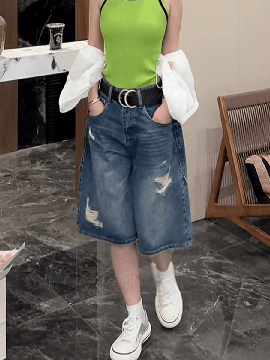 여름 얇은 스타일 여성 의류 찢어진 부분 마 오래된 트렌디 바람 반바지 표지 고기 슬림해 보이는 하이웨이스트 5 점 넓은 다리 청바지 상세 이미지 7