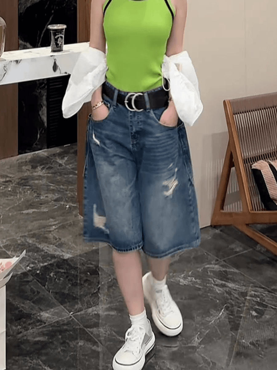 여름 얇은 스타일 여성 의류 찢어진 부분 마 오래된 트렌디 바람 반바지 표지 고기 슬림해 보이는 하이웨이스트 5 점 넓은 다리 청바지 상세 이미지 8