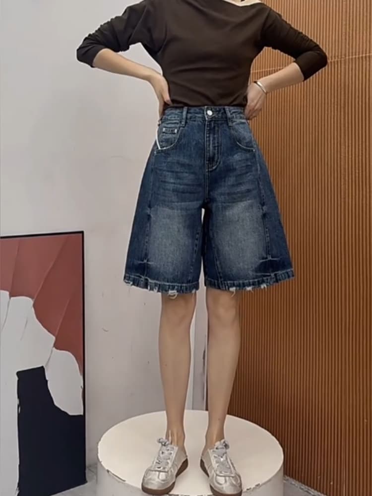 유럽 상품 파란색 유명인 55398 여름 새로운 하이웨이스트 없음 폭탄 루즈핏 슬림해 보이는 5 점 데님 넓은 다리가 짧다. 바지 여성 상세 이미지 2