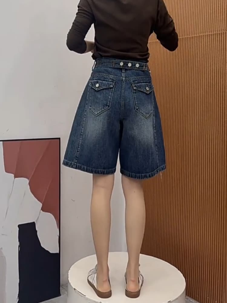 유럽 상품 파란색 유명인 55398 여름 새로운 하이웨이스트 없음 폭탄 루즈핏 슬림해 보이는 5 점 데님 넓은 다리가 짧다. 바지 여성 상세 이미지 4