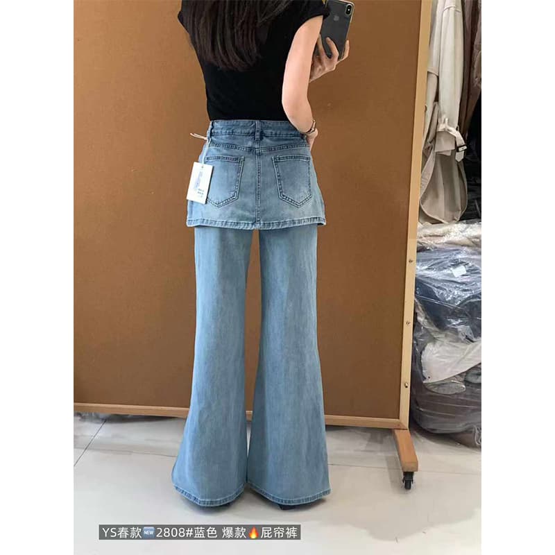 한 표준 원 랩스커트팬츠 바지 2026 여름 새로운 페이크 레이어드 디스플레이 품격 캐주얼 청바지 하이웨이스트 랩스커트팬츠 바지 2808 이미지 5