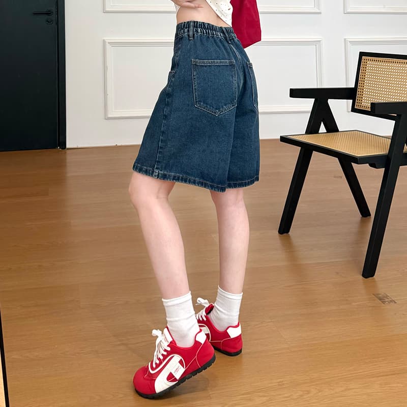 실사 하프 허리밴드 루즈핏 데님 중 반바지 여름 새로운 캐주얼 다용도 레트로 파란색 와이드 레그 팬츠 이미지 4