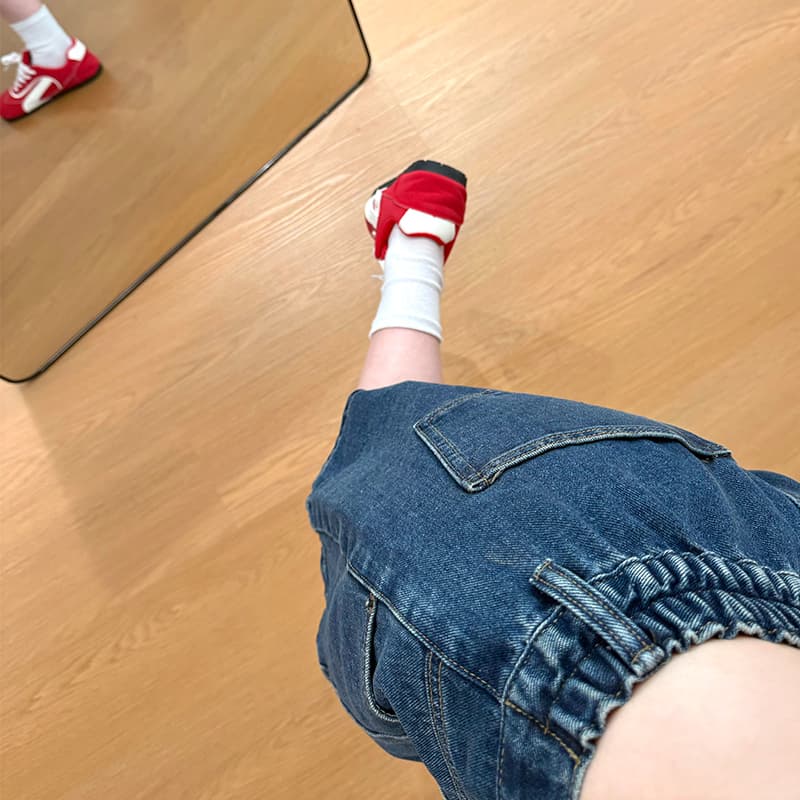 실사 하프 허리밴드 루즈핏 데님 중 반바지 여름 새로운 캐주얼 다용도 레트로 파란색 와이드 레그 팬츠 이미지 6
