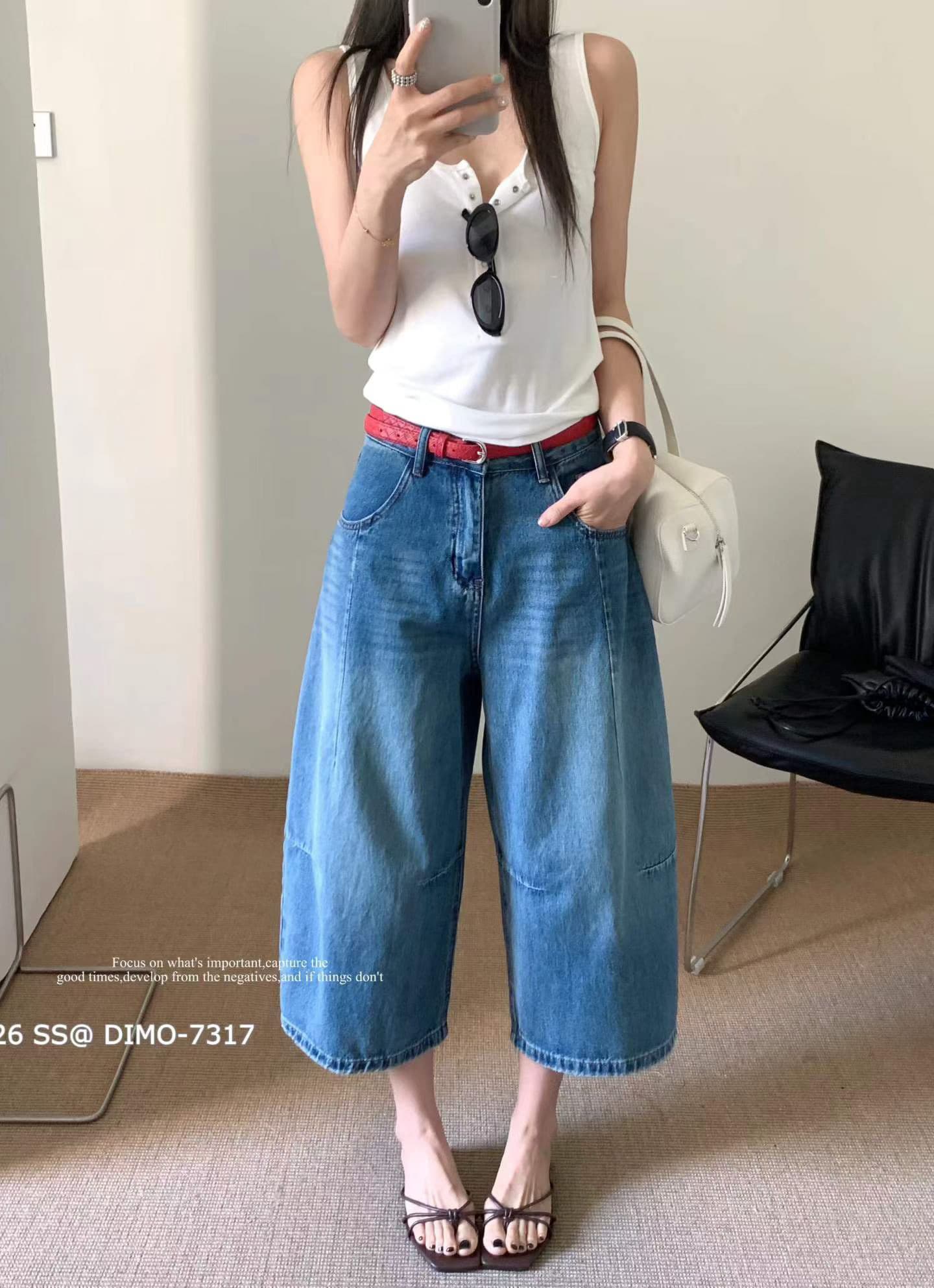 dimo 아메리칸 레트로 패션 디자인 하이웨이스트 넓은 다리 바지 여성 여름 배 모양 몸 슬림해 보이는 다용도 모통이 칼 바지 상세 이미지 7