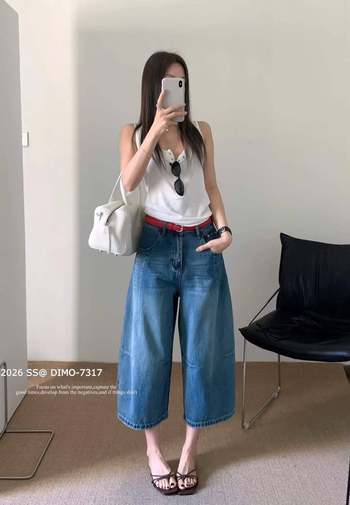 dimo 아메리칸 레트로 패션 디자인 하이웨이스트 넓은 다리 바지 여성 여름 배 모양 몸 슬림해 보이는 다용도 모통이 칼 바지 상세 이미지 8