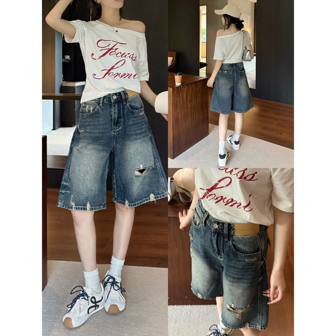 쉔 안개 레트로 블루 패션 찢어진 부분 5 점 청바지 여성 여름 새로운 디자인 센스 데님 루즈핏 캐주얼 넓은 다리