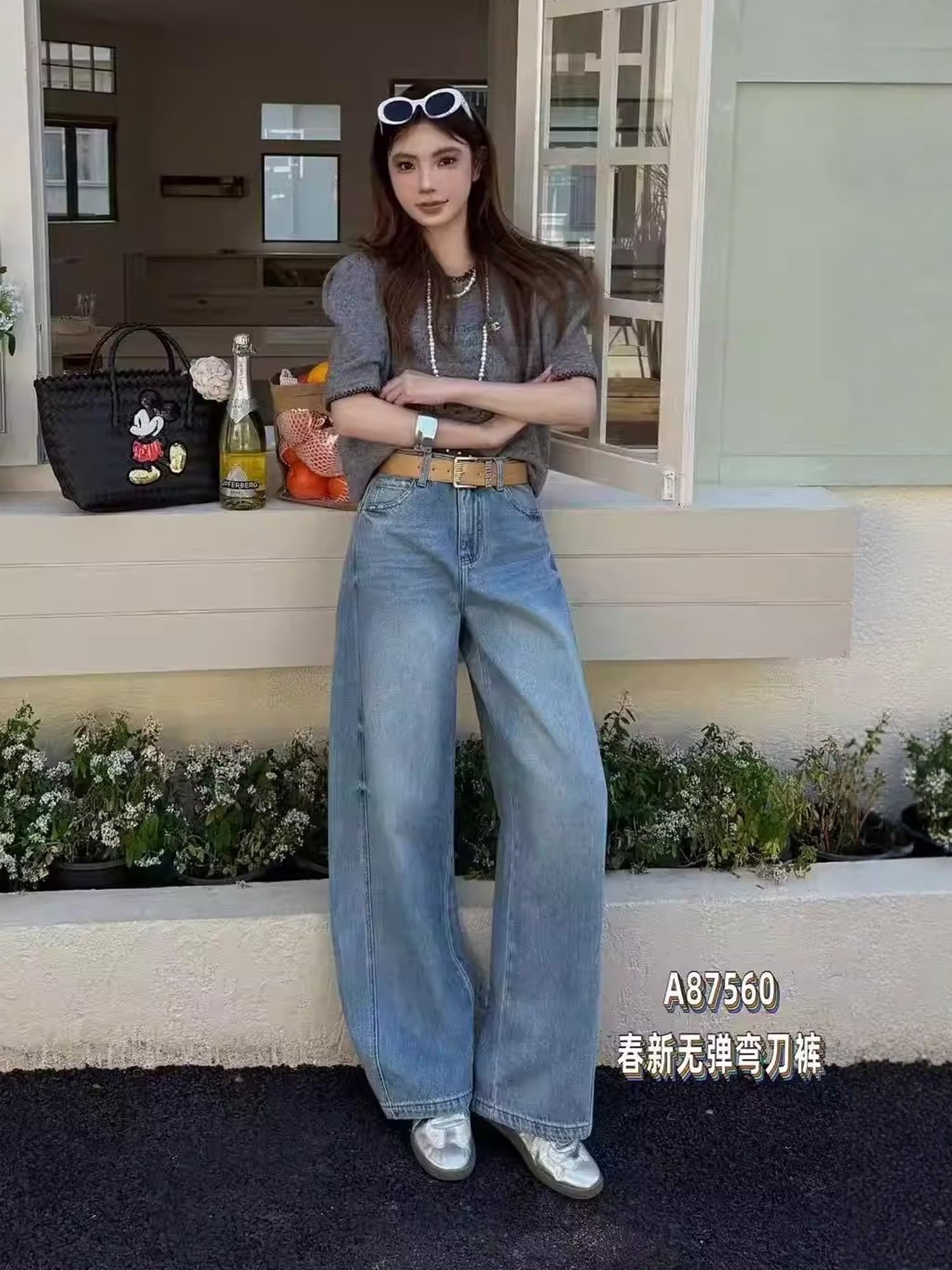 레트로 블루 자수 넓은 다리 청바지 여성 여름 새로운 유럽 상품 하이웨이스트 루즈핏 슬림해 보이는 캐주얼 모통이 칼 바닥 청소 바지 상세 이미지 1