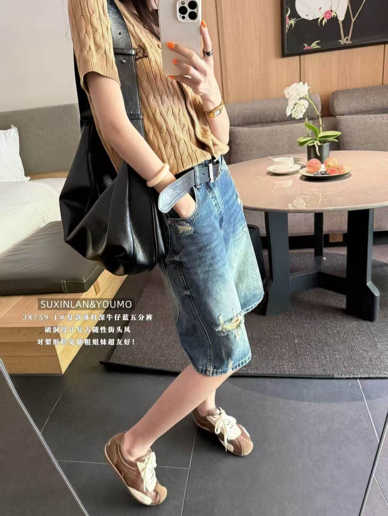 여름 섹션 ypumo38759 얇은 재료 오부 바지 불규칙 찢어진 부분 디자인 와 성별 슬림해 보이는 디스플레이 다리 길이 데님 바지 이미지 4