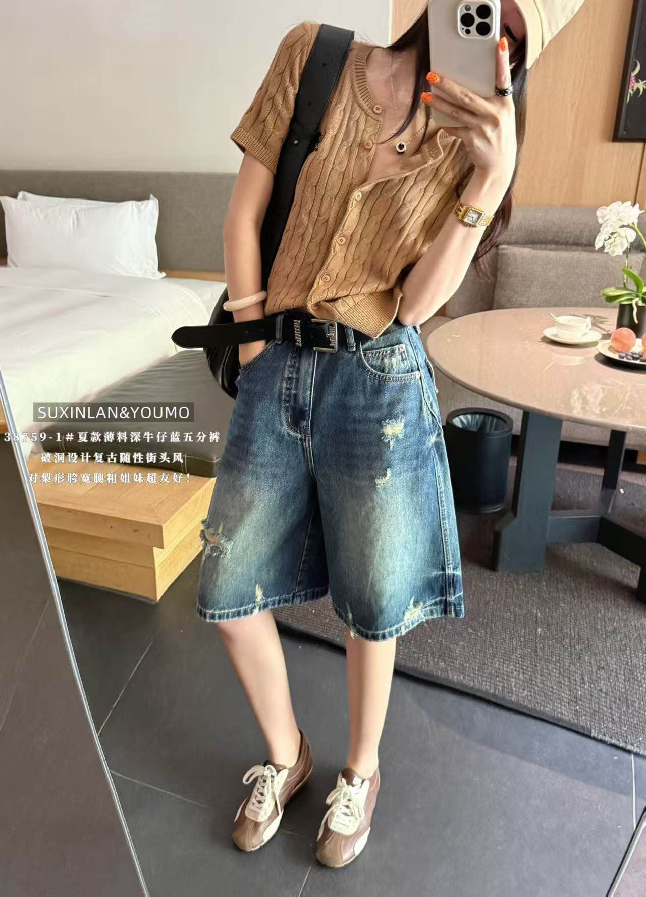 여름 섹션 ypumo38759 얇은 재료 오부 바지 불규칙 찢어진 부분 디자인 와 성별 슬림해 보이는 디스플레이 다리 길이 데님 바지