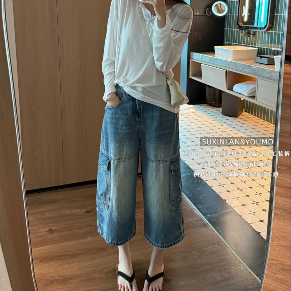素心 블루 youmo 레트로 워크웨어 기타 주머니 7 점 스트레이트 넓은 다리 청바지 반바지 95090 이미지 6