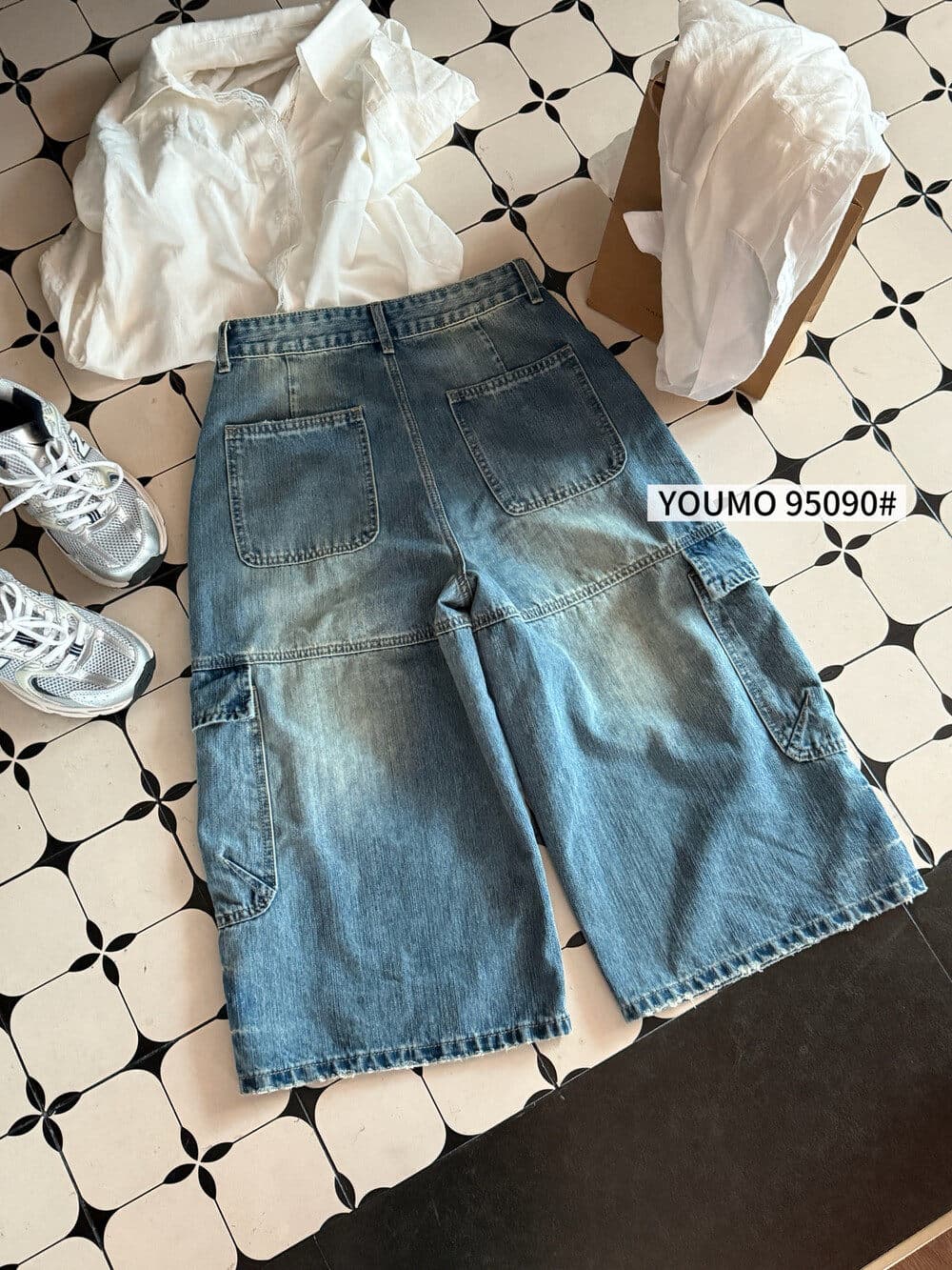 素心 블루 youmo 레트로 워크웨어 기타 주머니 7 점 스트레이트 넓은 다리 청바지 반바지 95090 상세 이미지 7