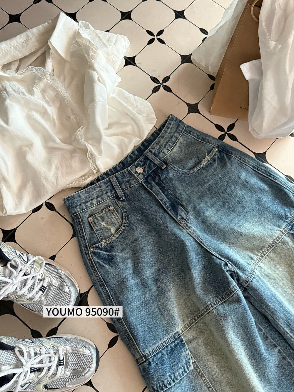 素心 블루 youmo 레트로 워크웨어 기타 주머니 7 점 스트레이트 넓은 다리 청바지 반바지 95090 상세 이미지 10
