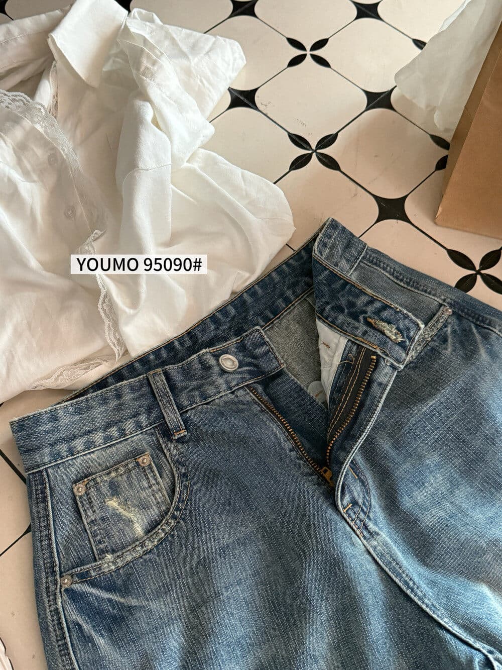 素心 블루 youmo 레트로 워크웨어 기타 주머니 7 점 스트레이트 넓은 다리 청바지 반바지 95090 상세 이미지 11