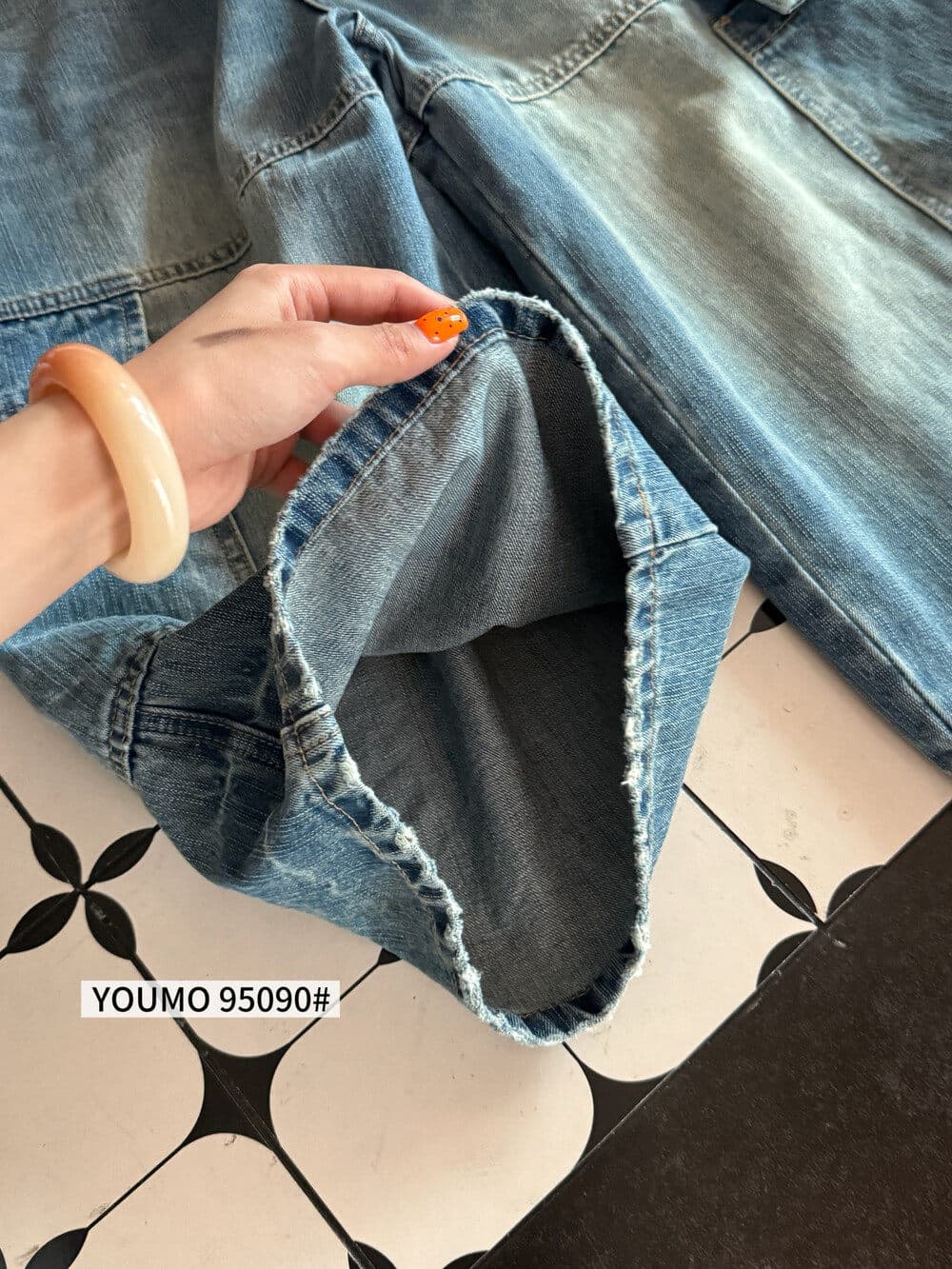素心 블루 youmo 레트로 워크웨어 기타 주머니 7 점 스트레이트 넓은 다리 청바지 반바지 95090 상세 이미지 12
