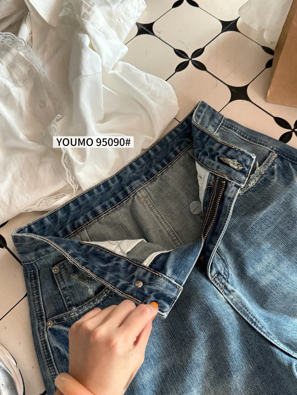 素心 블루 youmo 레트로 워크웨어 기타 주머니 7 점 스트레이트 넓은 다리 청바지 반바지 95090 상세 이미지 13
