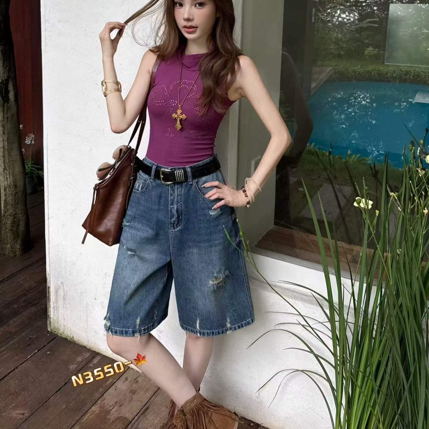 2026 여름 섹션 선택 아 3550 3552 레트로 찢어진 부분 슬림해 보이는 5 점 반바지 하이웨이스트 루즈핏 여성 청바지 얇은 이미지 5