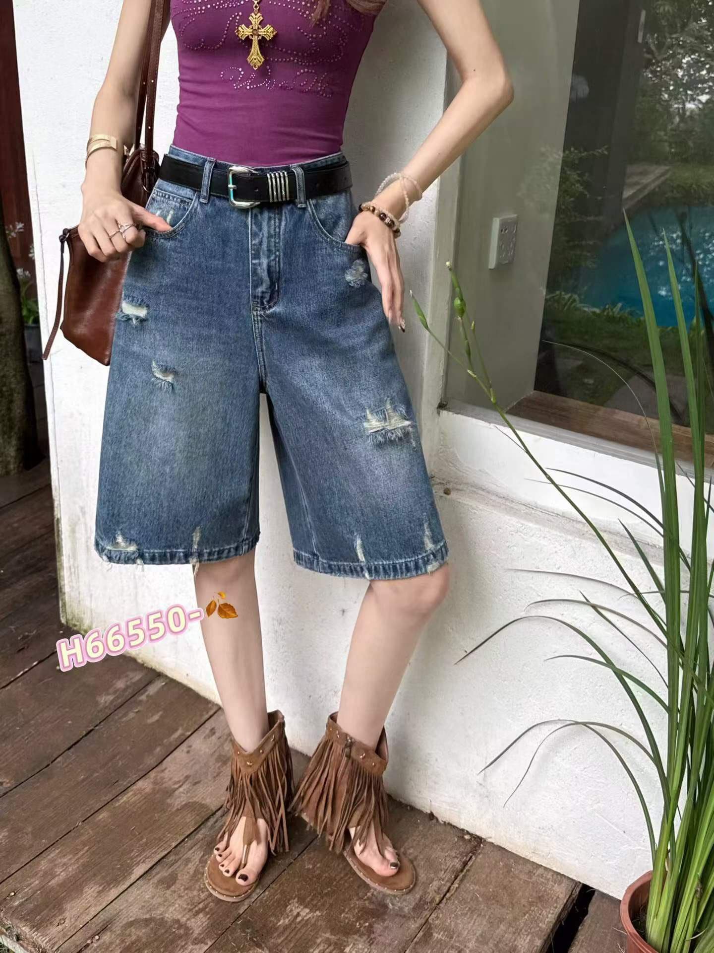 2026 여름 섹션 선택 아 3550 3552 레트로 찢어진 부분 슬림해 보이는 5 점 반바지 하이웨이스트 루즈핏 여성 청바지 얇은 상세 이미지 3