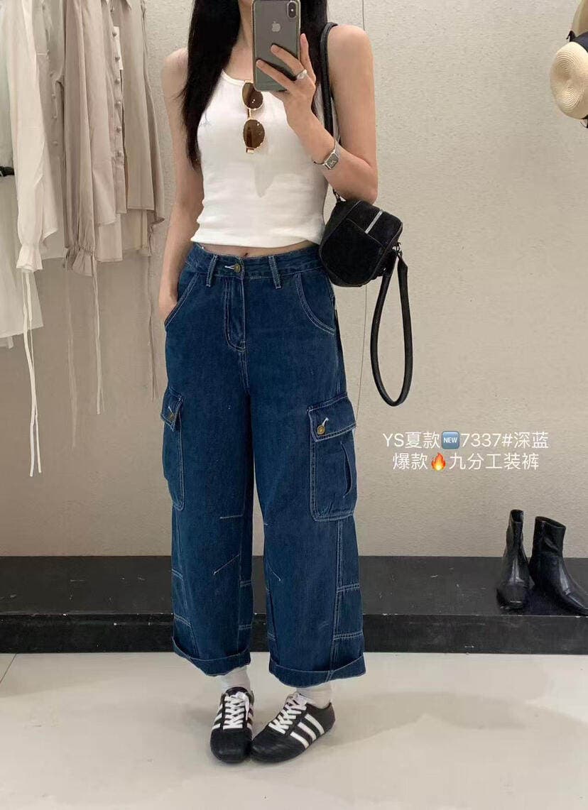 원 색 26 여름 켜기 새로운 9 포인트 워크웨어 바람 넓은 다리 캐주얼 청바지 7337 이미지 2