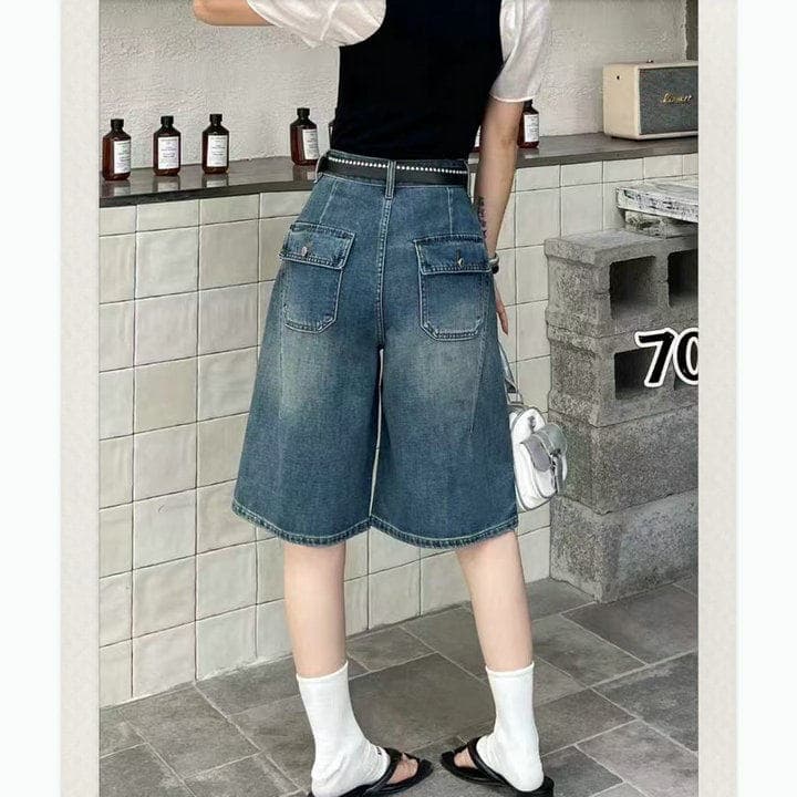 빨간색 Guoer 7089 워싱 블루 레트로 찢어진 부분 데님 오부 바지 여성 여름 새로운 슬림해 보이는 캐주얼 넓은 다리 바지 트렌디 상세 이미지 4