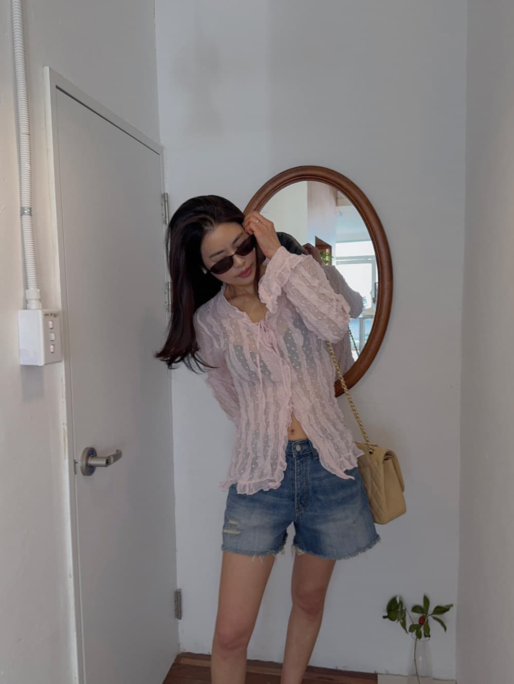 maymay 루 루 한국 동대문 구매 그리기 찢어진 부분 털 반드시 측면 루즈핏 마 오래된 데님 반바지 2026ss 상세 이미지 6