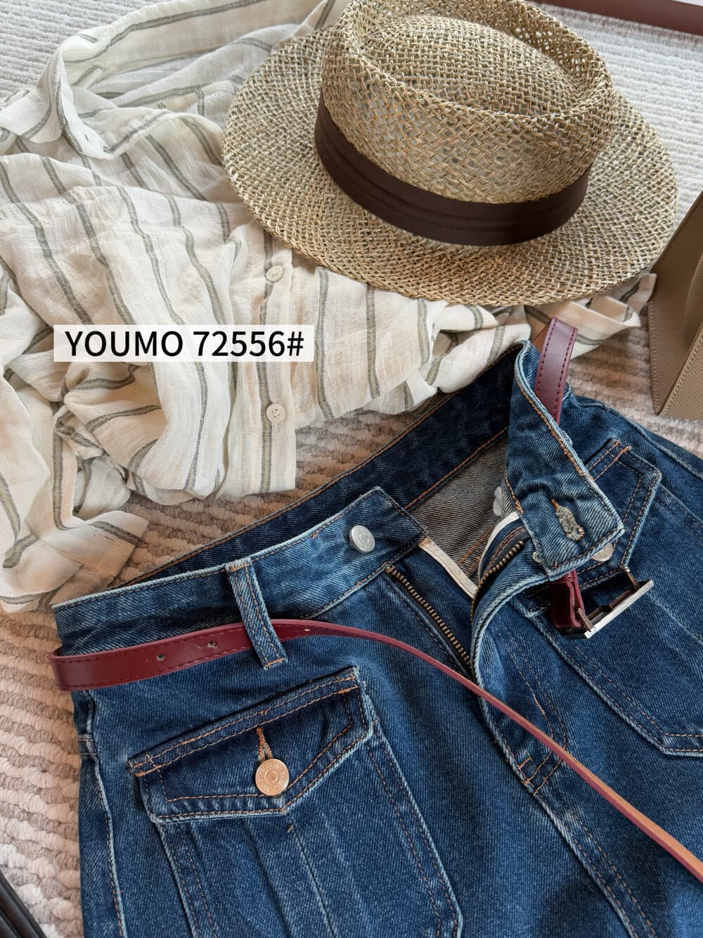 youmo 있음 모 72556 여름 2026 새로운 레트로 하이웨이스트 스트레이트 플립 커버 주머니 데님 반바지 여성 핫 바지 상세 이미지 12