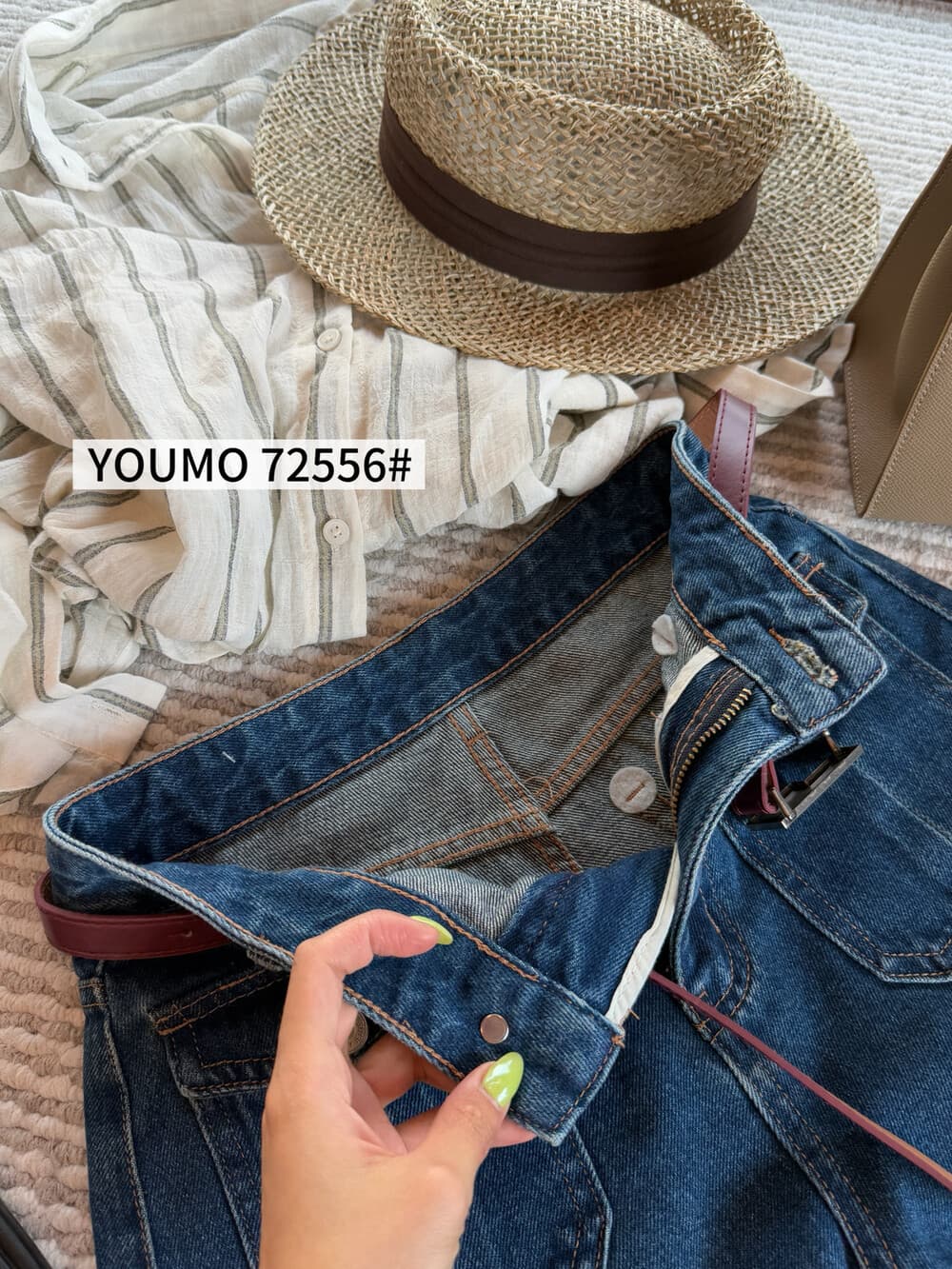 youmo 있음 모 72556 여름 2026 새로운 레트로 하이웨이스트 스트레이트 플립 커버 주머니 데님 반바지 여성 핫 바지 상세 이미지 13