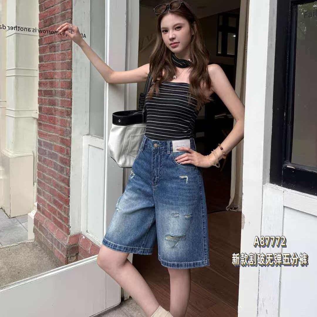 정통 알리 샤 샤 87772 여름 등 허리 단추 슬림해 보이는 루즈핏 찢어진 부분 넓은 다리 오부 바지 여성 데님 반바지 이미지 5