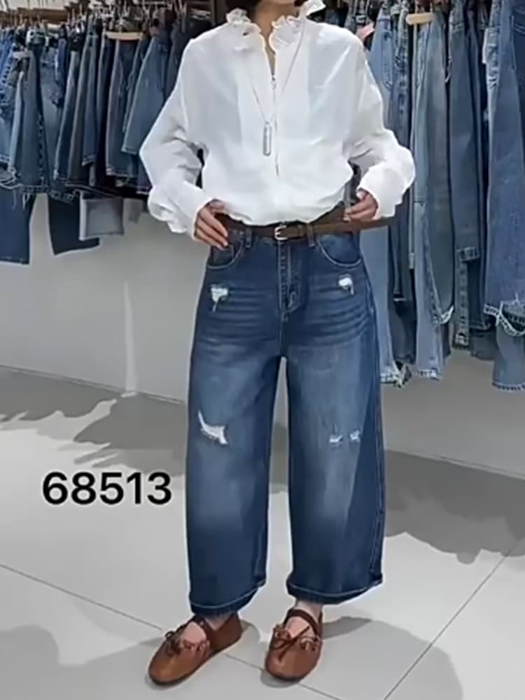 유럽 상품 suomala 케이블 마라 68513 여름 하이웨이스트 순면 없음 폭탄 찢어진 부분 슬림해 보이는 9 포인트 데님 스트레이트 팬츠 상세 이미지 1