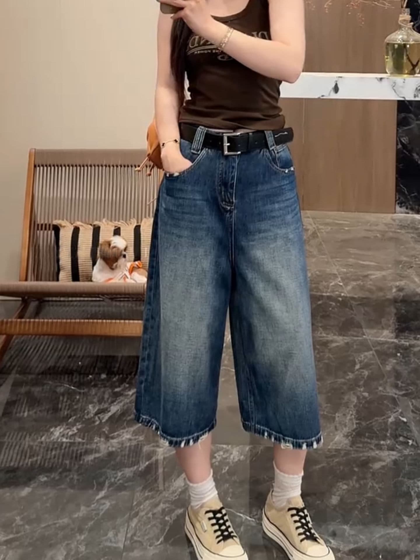 작은 키 하이웨이스트 찢어진 표지 넓적 다리 청바지 여성 빅 사이즈 2026 여름 새로운 루즈핏 슬림해 보이는 7 점 와이드 레그 팬츠 상세 이미지 2