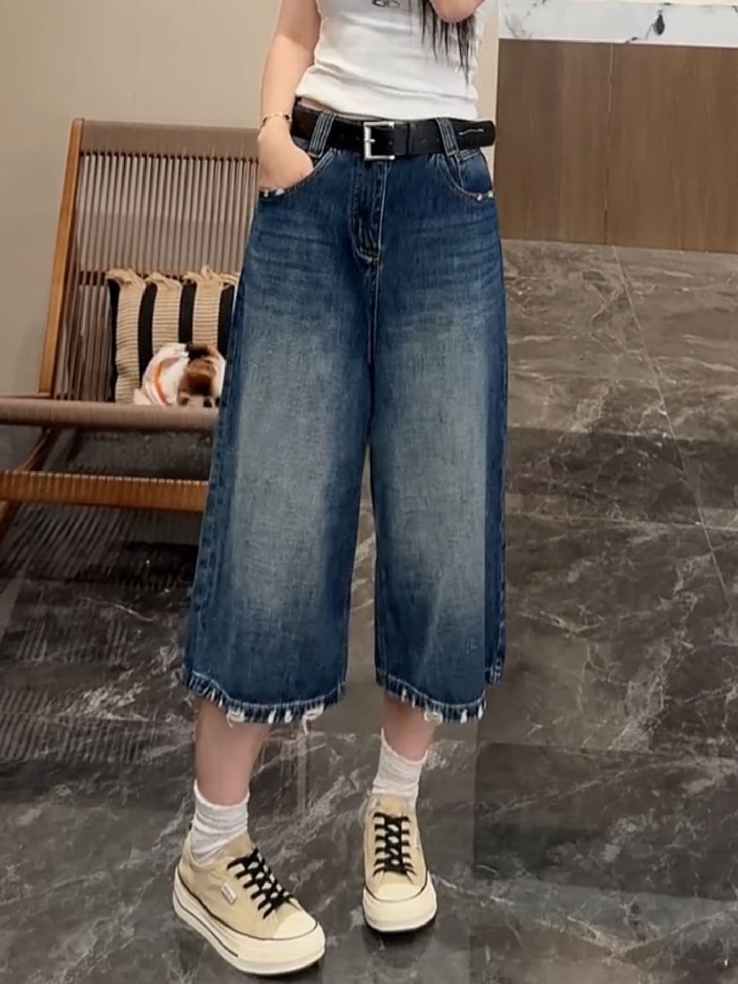 작은 키 하이웨이스트 찢어진 표지 넓적 다리 청바지 여성 빅 사이즈 2026 여름 새로운 루즈핏 슬림해 보이는 7 점 와이드 레그 팬츠 상세 이미지 5