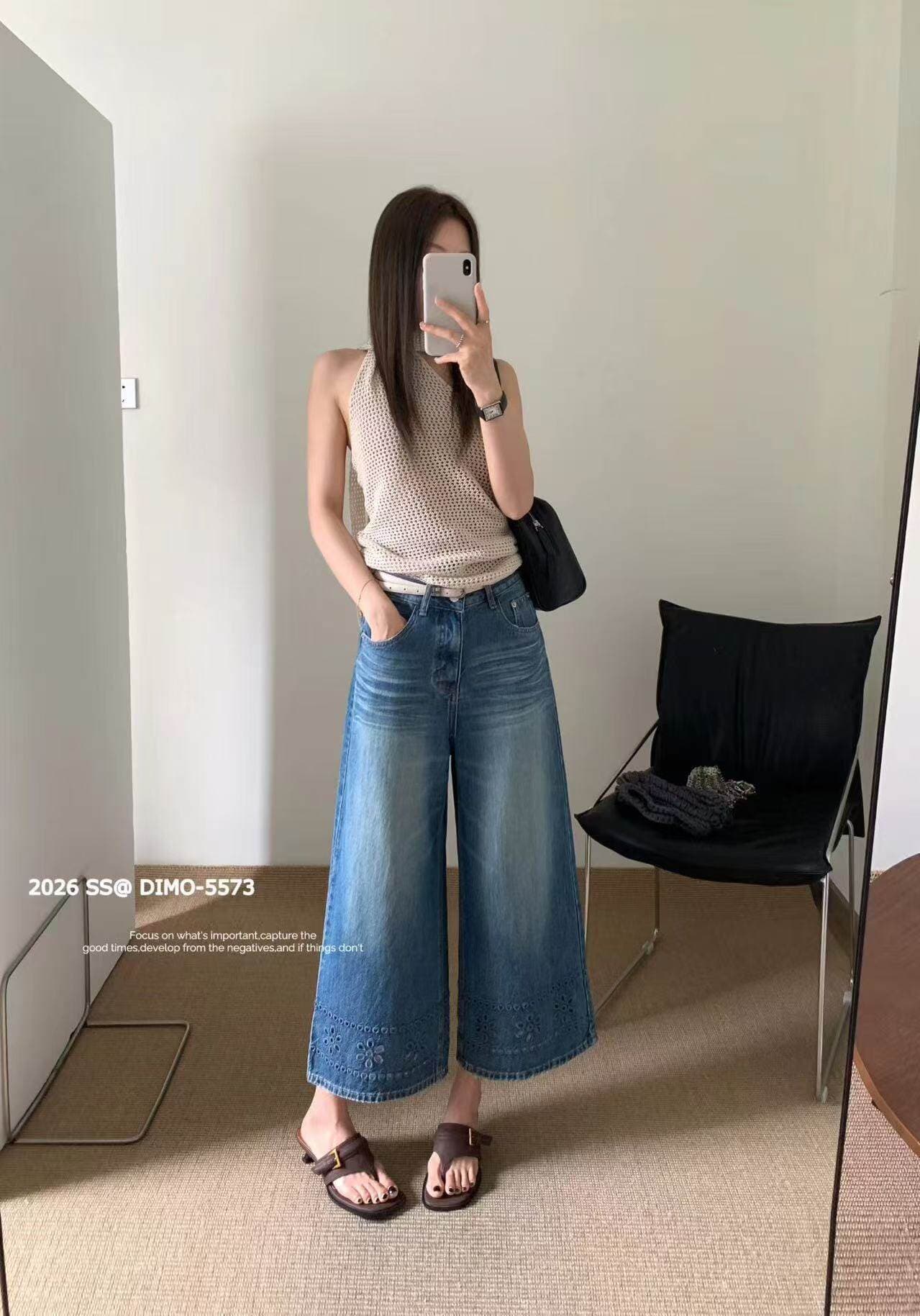 dimo 유럽 상품 여름 패션 하이웨이스트 스트레이트 발 홀로우 아웃 8 점 디자인 청바지 여성 루즈핏 다용도 와이드 레그 팬츠 상세 이미지 5
