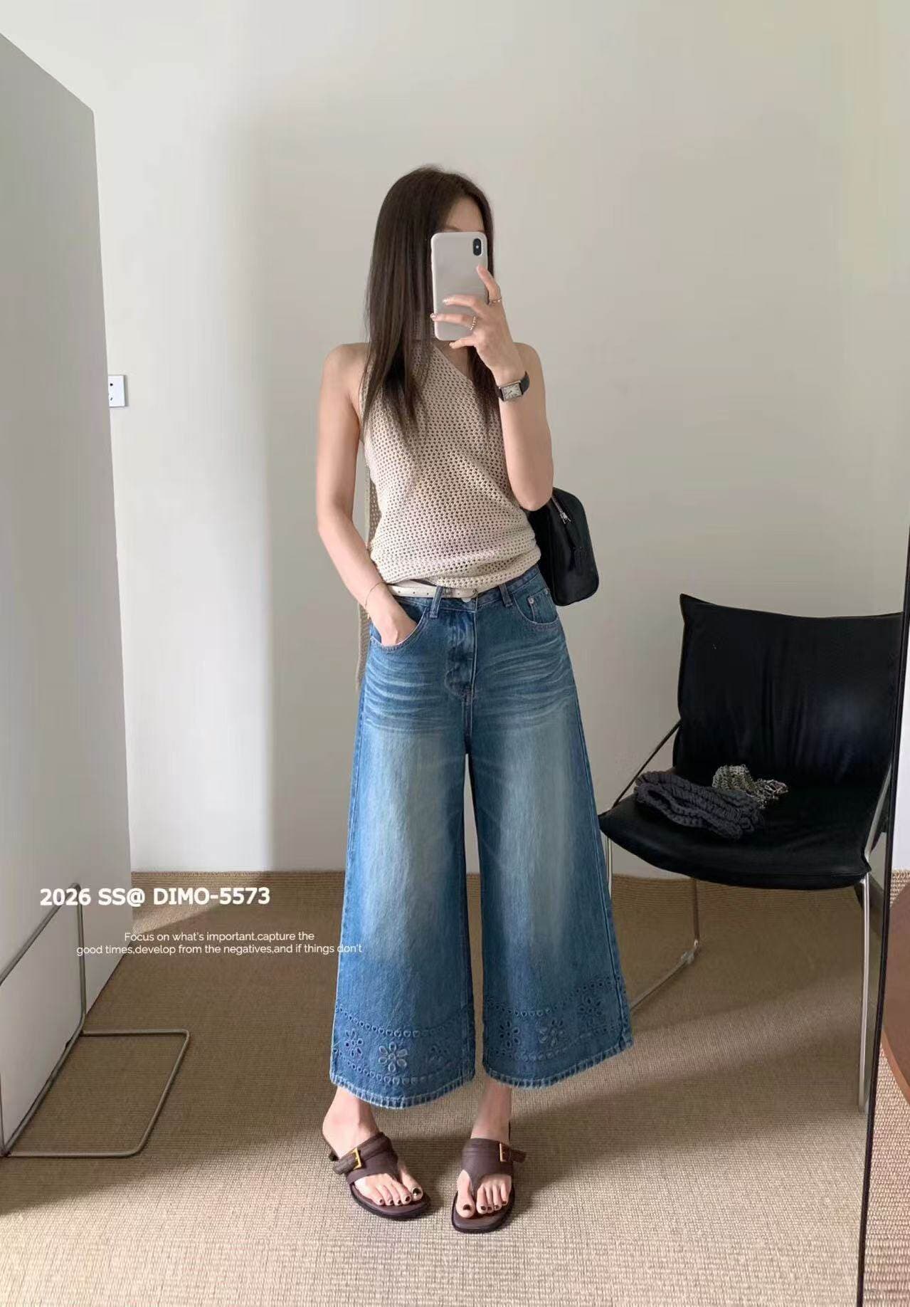 dimo 유럽 상품 여름 패션 하이웨이스트 스트레이트 발 홀로우 아웃 8 점 디자인 청바지 여성 루즈핏 다용도 와이드 레그 팬츠 상세 이미지 7