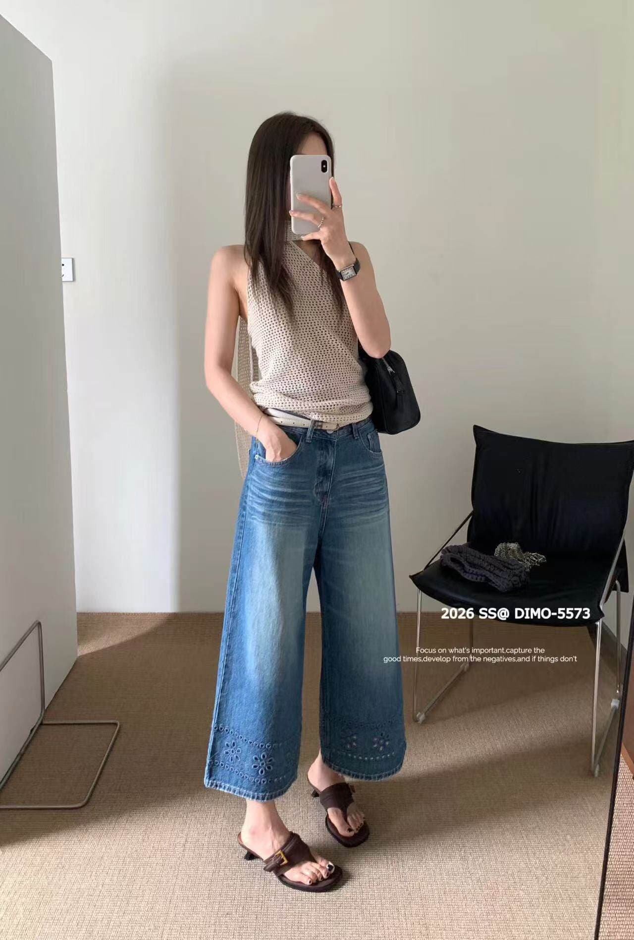 dimo 유럽 상품 여름 패션 하이웨이스트 스트레이트 발 홀로우 아웃 8 점 디자인 청바지 여성 루즈핏 다용도 와이드 레그 팬츠 상세 이미지 9