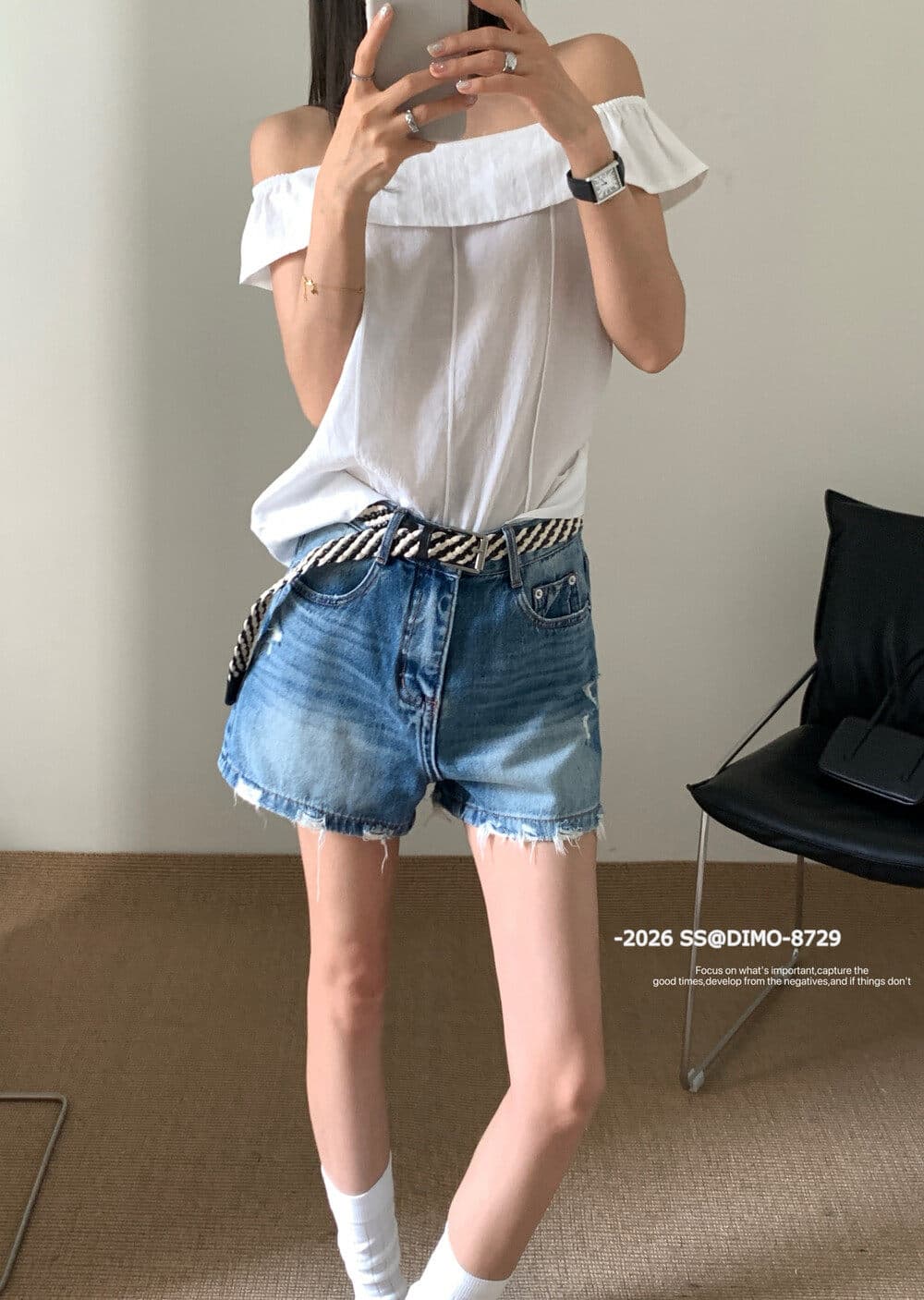 26 여름 마 오래된 찢어진 디자인 자수 한 마디 데님 반바지 벨트 포함 dimo8729 진한 파란색 상세 이미지 2
