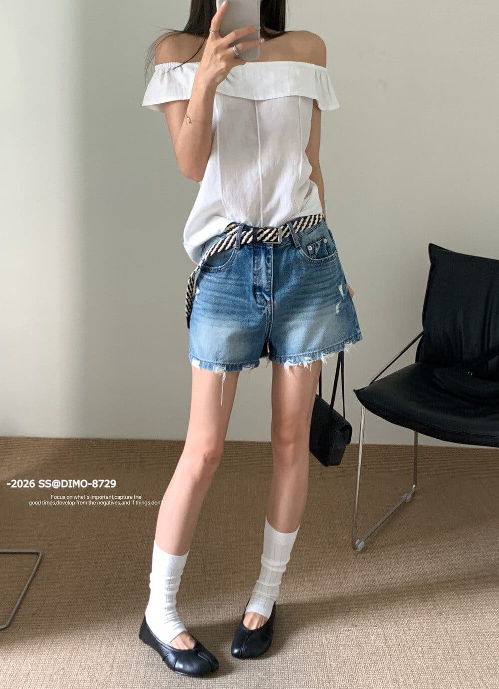 26 여름 마 오래된 찢어진 디자인 자수 한 마디 데님 반바지 벨트 포함 dimo8729 진한 파란색 상세 이미지 3