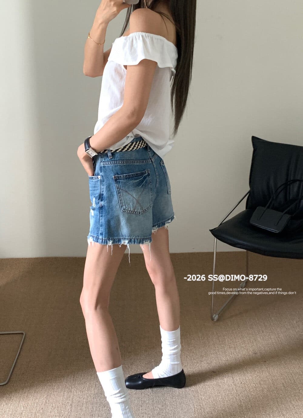 26 여름 마 오래된 찢어진 디자인 자수 한 마디 데님 반바지 벨트 포함 dimo8729 진한 파란색 상세 이미지 6