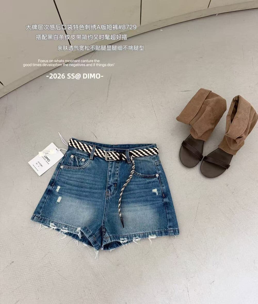 26 여름 마 오래된 찢어진 디자인 자수 한 마디 데님 반바지 벨트 포함 dimo8729 진한 파란색 상세 이미지 7