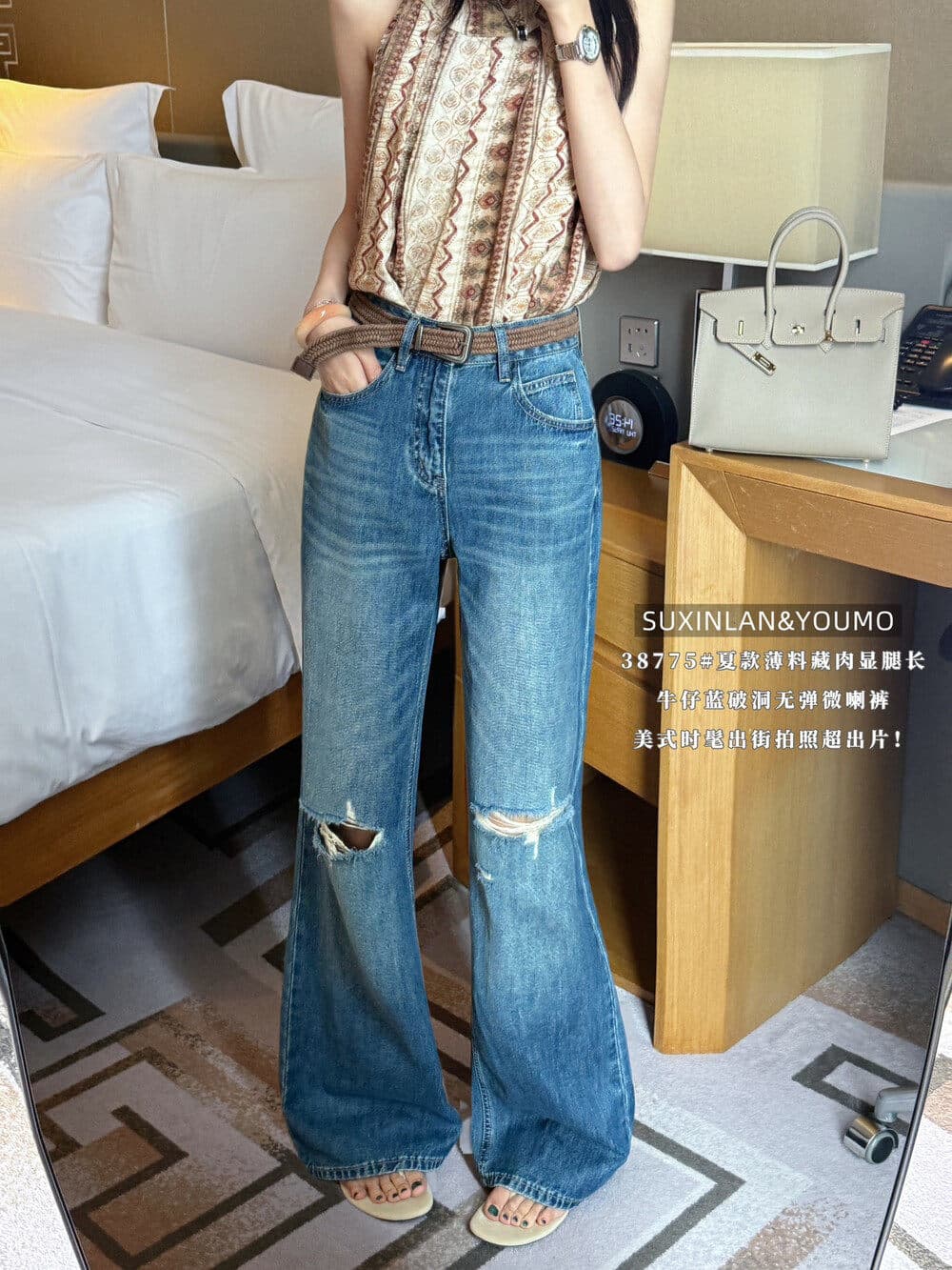 素心 블루 youmo 레트로 아메리칸 없음 폭탄 튜브 라 거리 바람 몸매 가꾸기 찢어진 부분 부츠컷 워싱 청바지 여성 상세 이미지 5