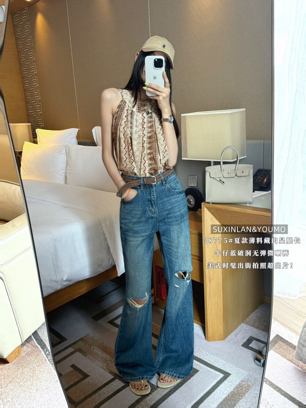 素心 블루 youmo 레트로 아메리칸 없음 폭탄 튜브 라 거리 바람 몸매 가꾸기 찢어진 부분 부츠컷 워싱 청바지 여성 상세 이미지 9