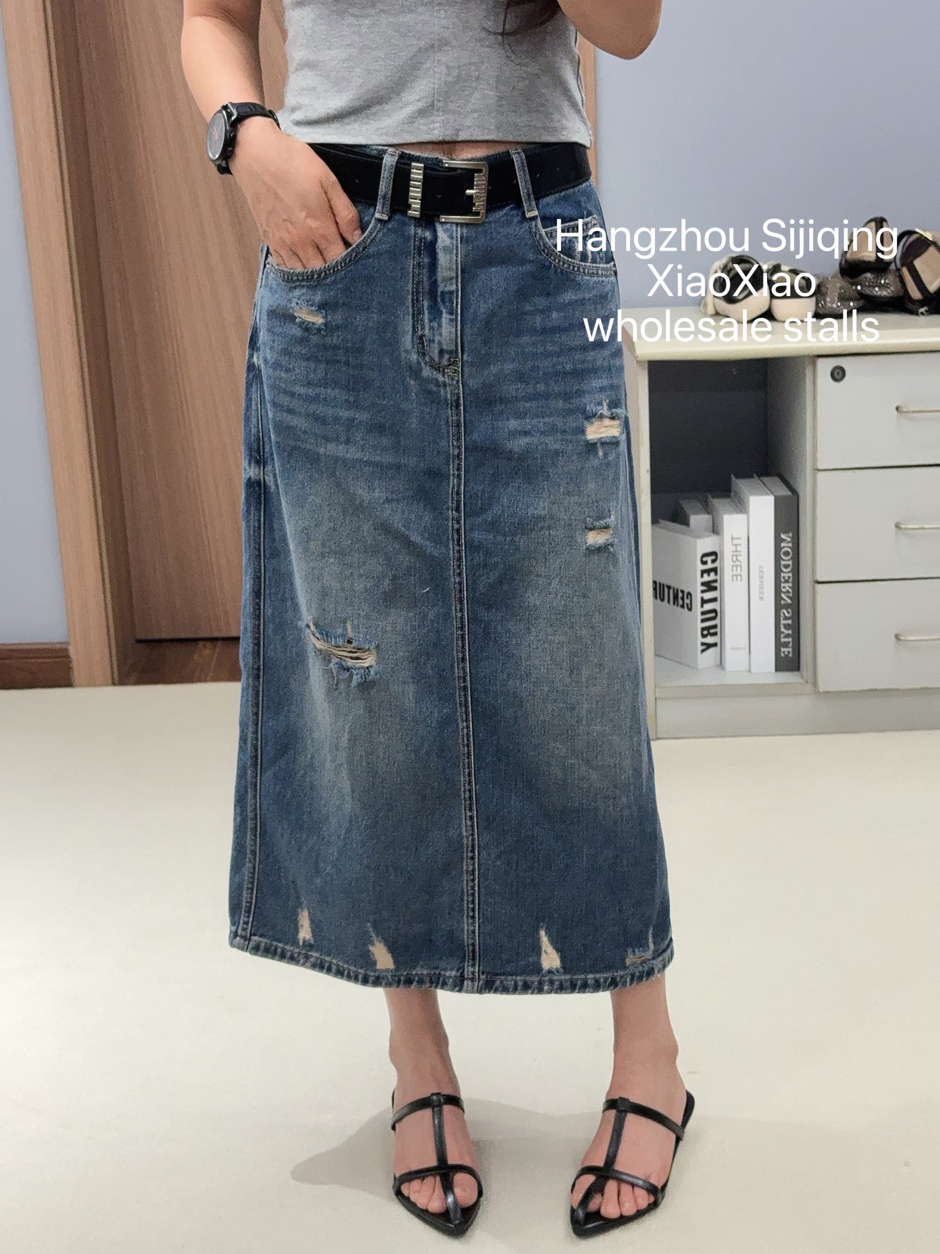 jeans 6532 여름 26 새로운 한국 스타일 이후 중 트임 데님 8 점 h 종류 찢어진 부분 중간 길이 반신 스커트 여성 n 상세 이미지 5