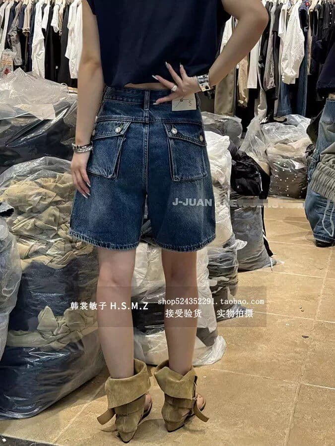 2026 여름 새로운 레트로 하이웨이스트 슬림해 보이는 넓은 다리 데님 반바지 여성 다용도 패션 스트레이트 4 점 바지 트렌디 상세 이미지 6