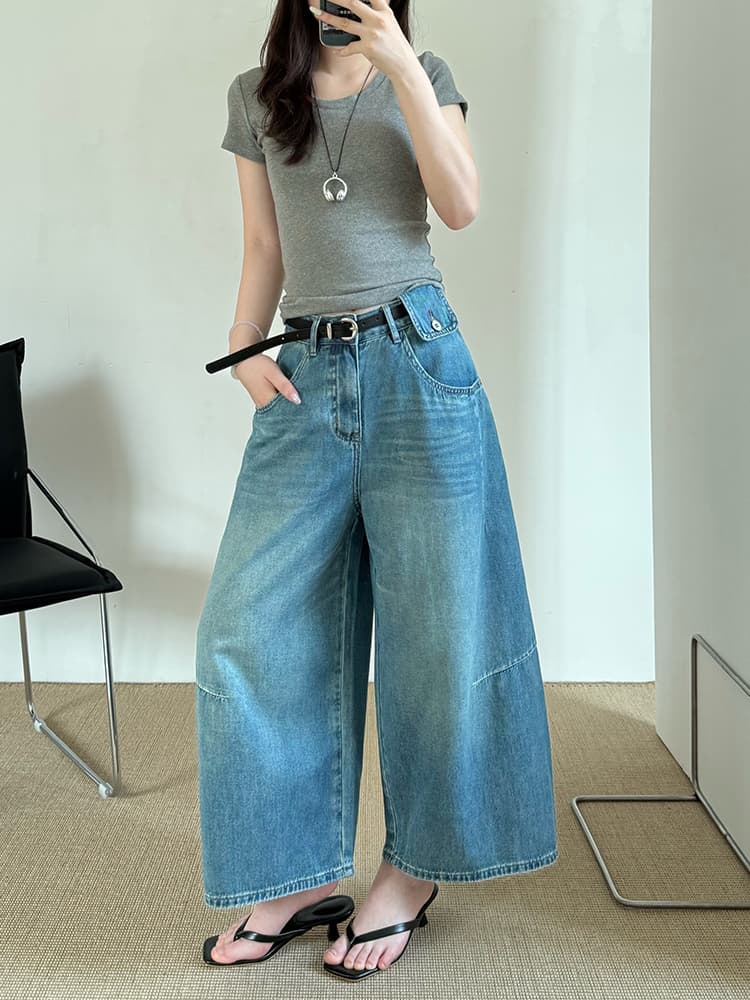 실사 한 부서 느슨함 센스 8 점 넓은 다리 청바지 여성 2026 여름 새로운 작은 키 폭발 벽오동 바지 상세 이미지 2