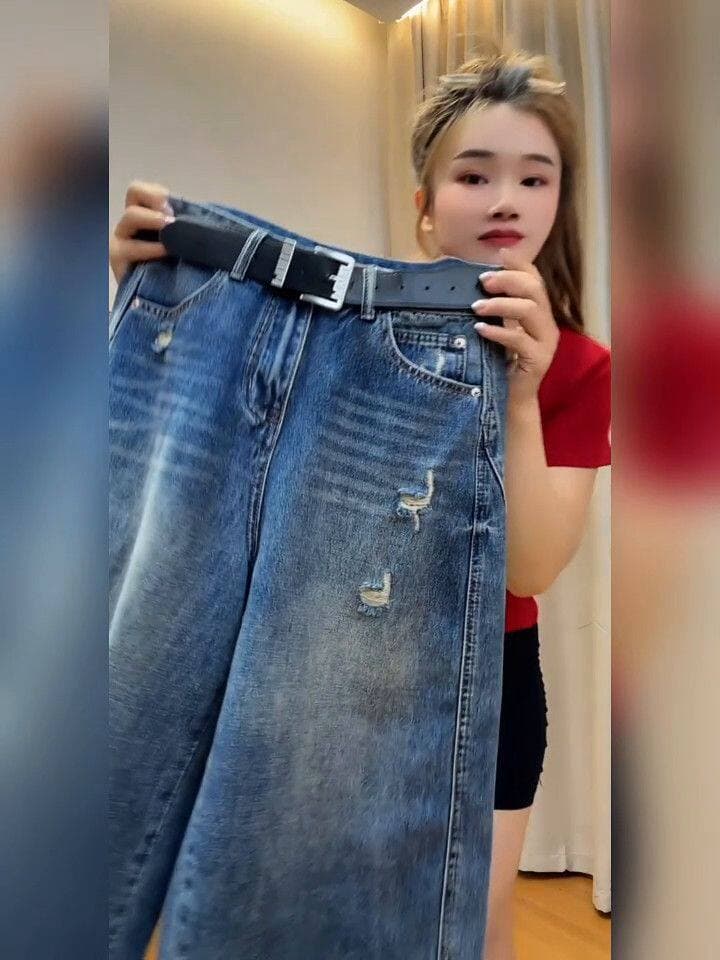 새로운 패션 외국 가스 찢어진 부분 여름 얇은 스타일 빅 사이즈 청바지 여성 루즈핏 표지 고기 슬림해 보이는 여덟 9 포인트 와이드 레그 팬츠 상세 이미지 4