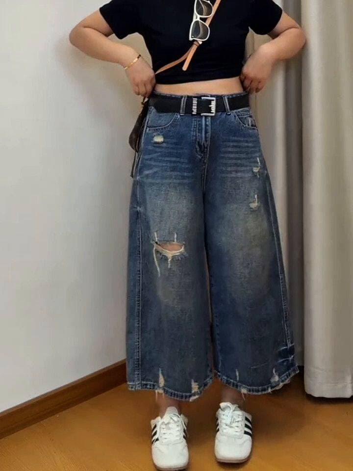 새로운 패션 외국 가스 찢어진 부분 여름 얇은 스타일 빅 사이즈 청바지 여성 루즈핏 표지 고기 슬림해 보이는 여덟 9 포인트 와이드 레그 팬츠 상세 이미지 5