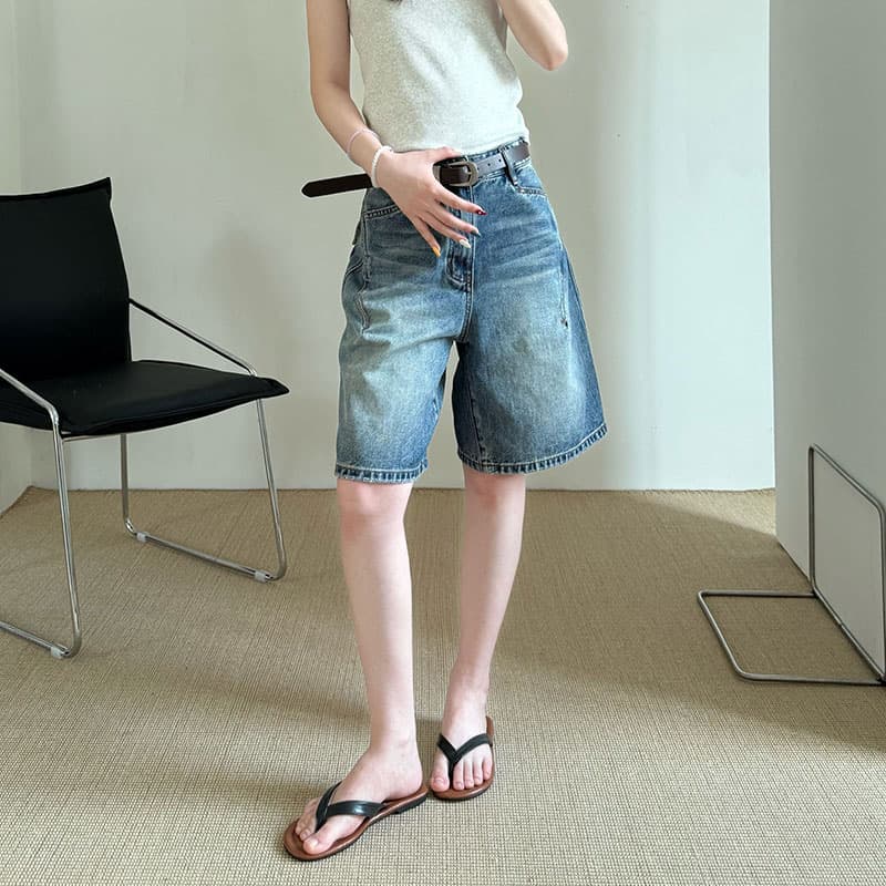 실사 여름 그라데이션 워싱 데님 바지 여성 하이웨이스트 슬림해 보이는 지방 mm 배 모양 몸 5 점 와이드 레그 팬츠 이미지 6