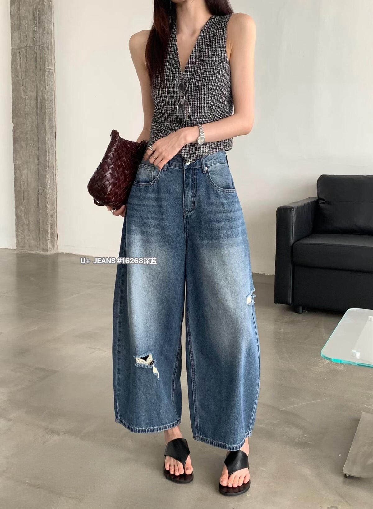 u+ 데님 여름 새로운 한 부서 다용도 작은 여자 벽오동 바지 레트로 블루 찢어진 부분 디자인 청바지 16268 상세 이미지 1