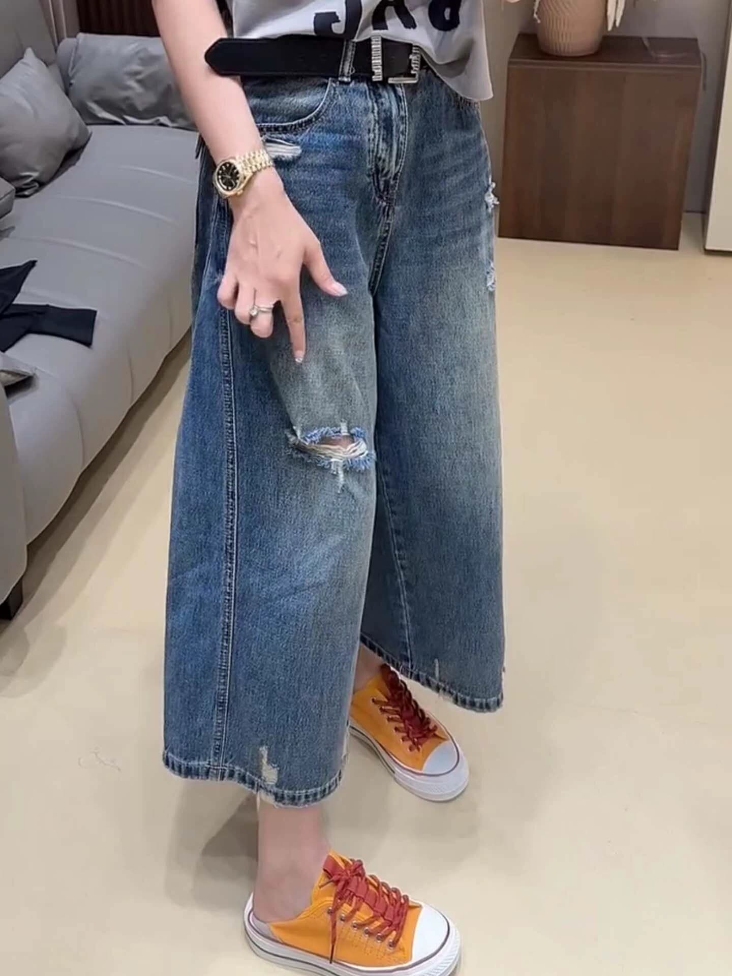 유럽 상품 찢어진 부분 넓은 다리 청바지 여성 여름 새로운 레트로 블루 하이웨이스트 루즈핏 슬림해 보이는 캐주얼 8 점 스트레이트 팬츠 상세 이미지 4