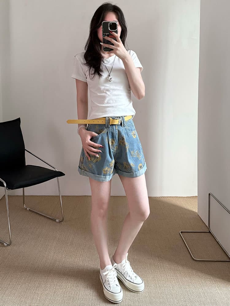 실사 레트로 인쇄 하나 마키 측면 데님 반바지 여성 여름 새로운 루즈핏 슬림해 보이는 다용도 넓은 다리 한 마디 핫 바지 상세 이미지 8